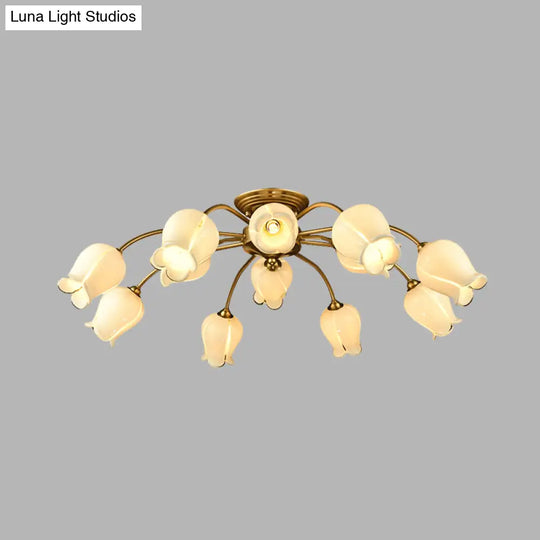 Traditional White Glass Semi - Flush Petal Ceiling Light With 12 Lights