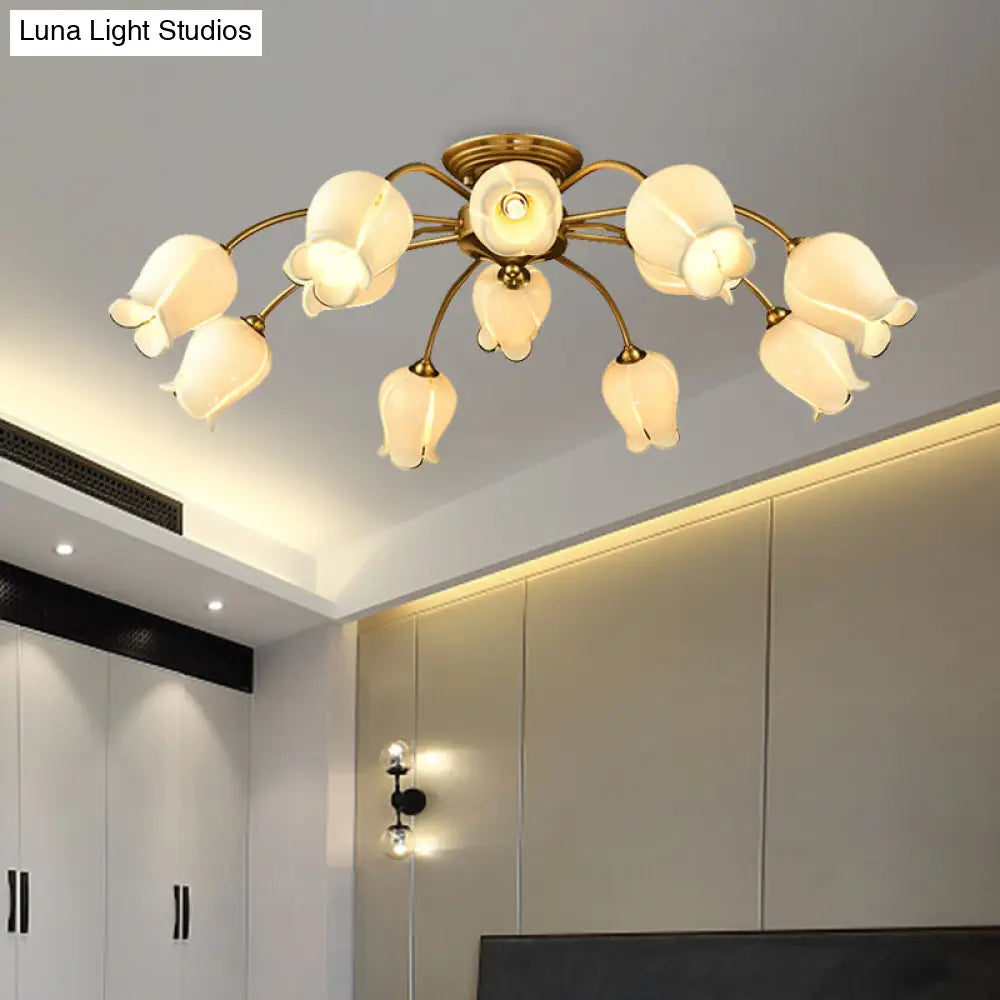 Traditional White Glass Semi-Flush Petal Ceiling Light With 12 Lights