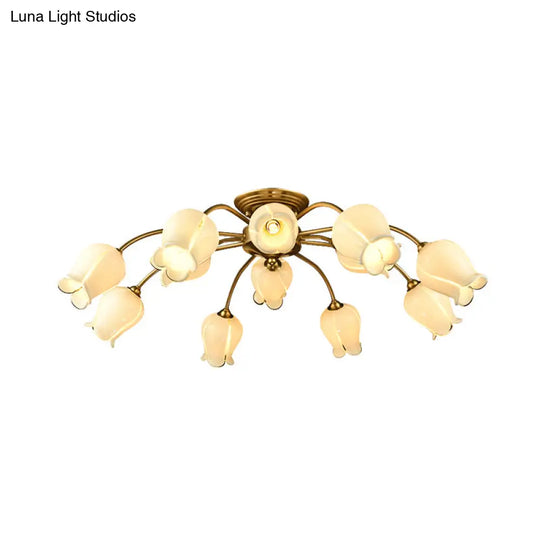 Traditional White Glass Semi - Flush Petal Ceiling Light With 12 Lights