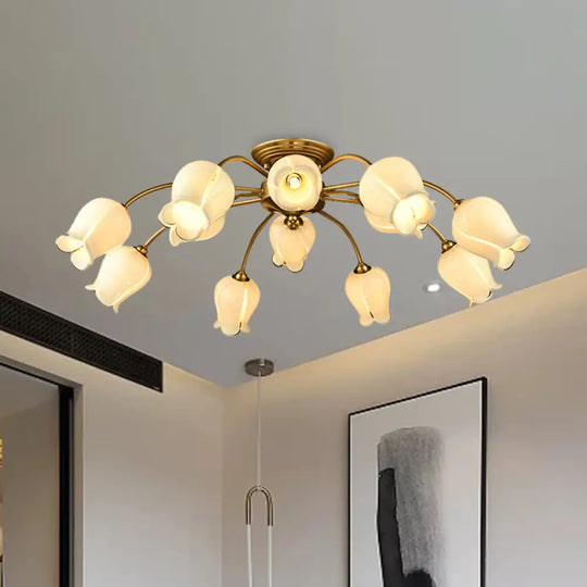 Traditional White Glass Semi - Flush Petal Ceiling Light With 12 Lights / A