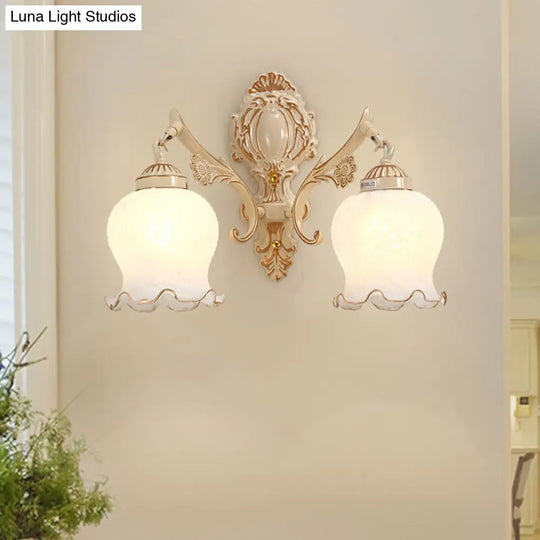 Traditional White Glass Wall Sconce 1/2-Bulb Flower Light Fixture For Living Room