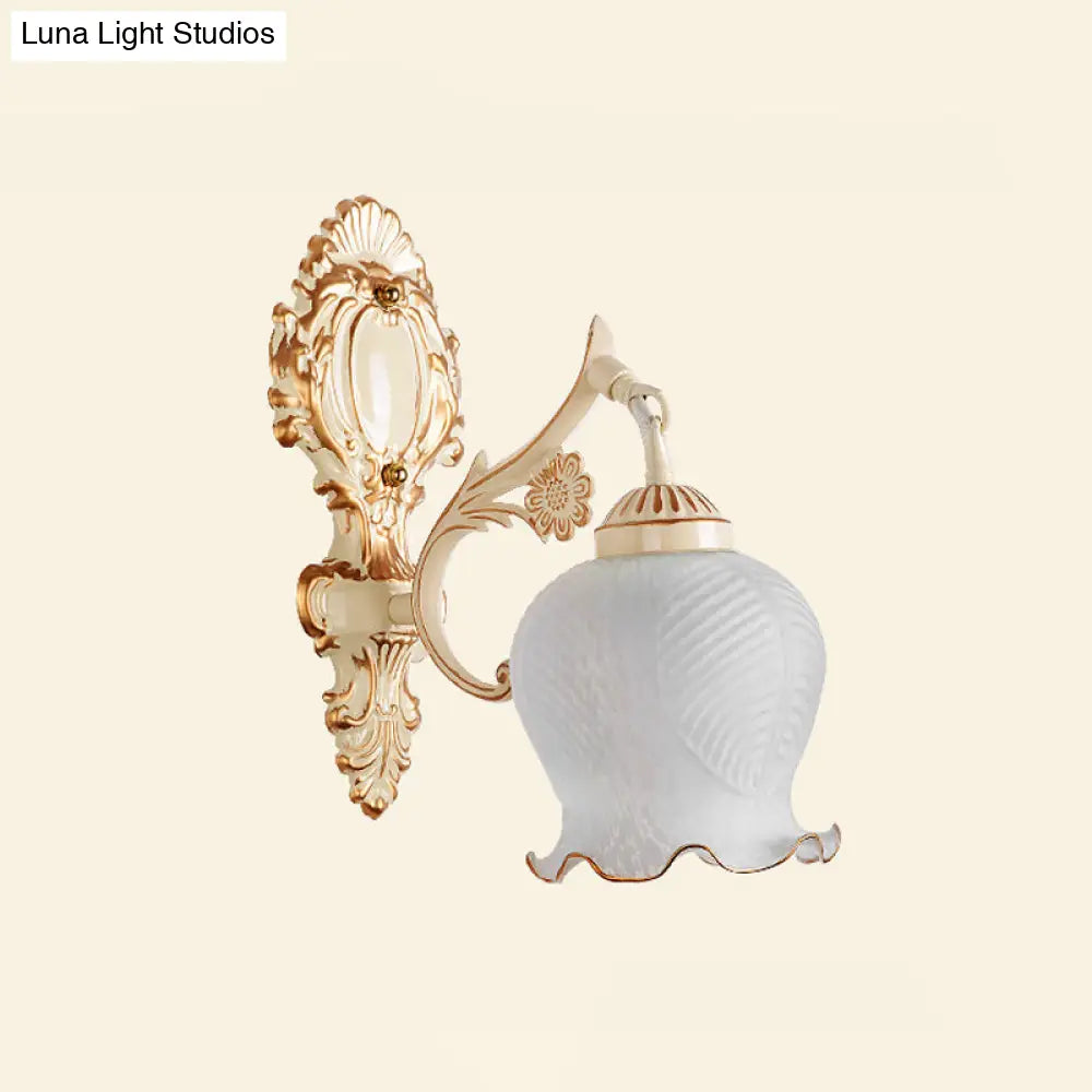 Traditional White Glass Wall Sconce 1/2-Bulb Flower Light Fixture For Living Room