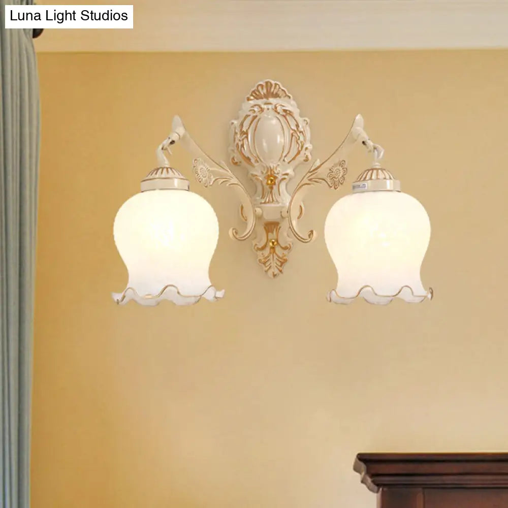 Traditional White Glass Wall Sconce 1/2-Bulb Flower Light Fixture For Living Room