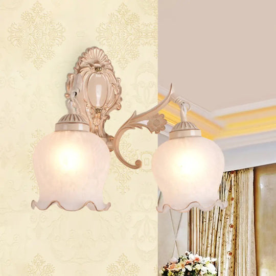 Traditional White Glass Wall Sconce 1/2-Bulb Flower Light Fixture For Living Room 2 /