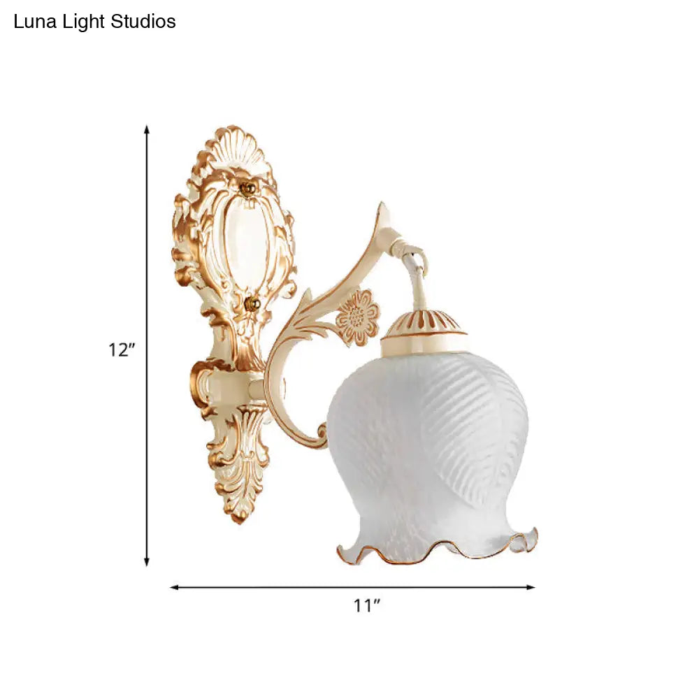 Traditional White Glass Wall Sconce 1/2-Bulb Flower Light Fixture For Living Room