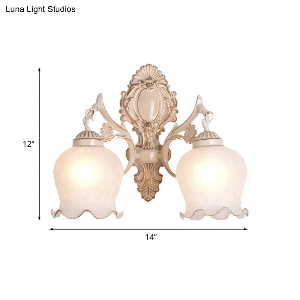 Traditional White Glass Wall Sconce 1/2-Bulb Flower Light Fixture For Living Room