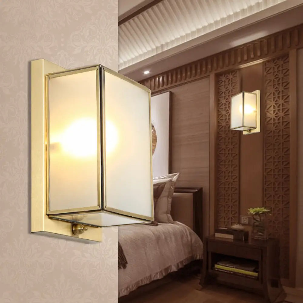 Traditional White Glass Wall Sconce With Brass Rectangle Frame - 1/2 Heads Lighting For Living Room