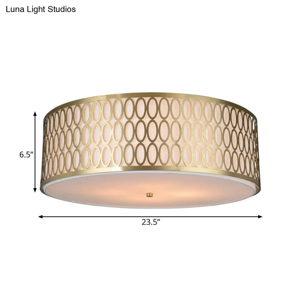 Traditional White Round Ceiling Mounted Lamp With Gold Metal Mesh Frame - 4-Light Fabric Flush Light