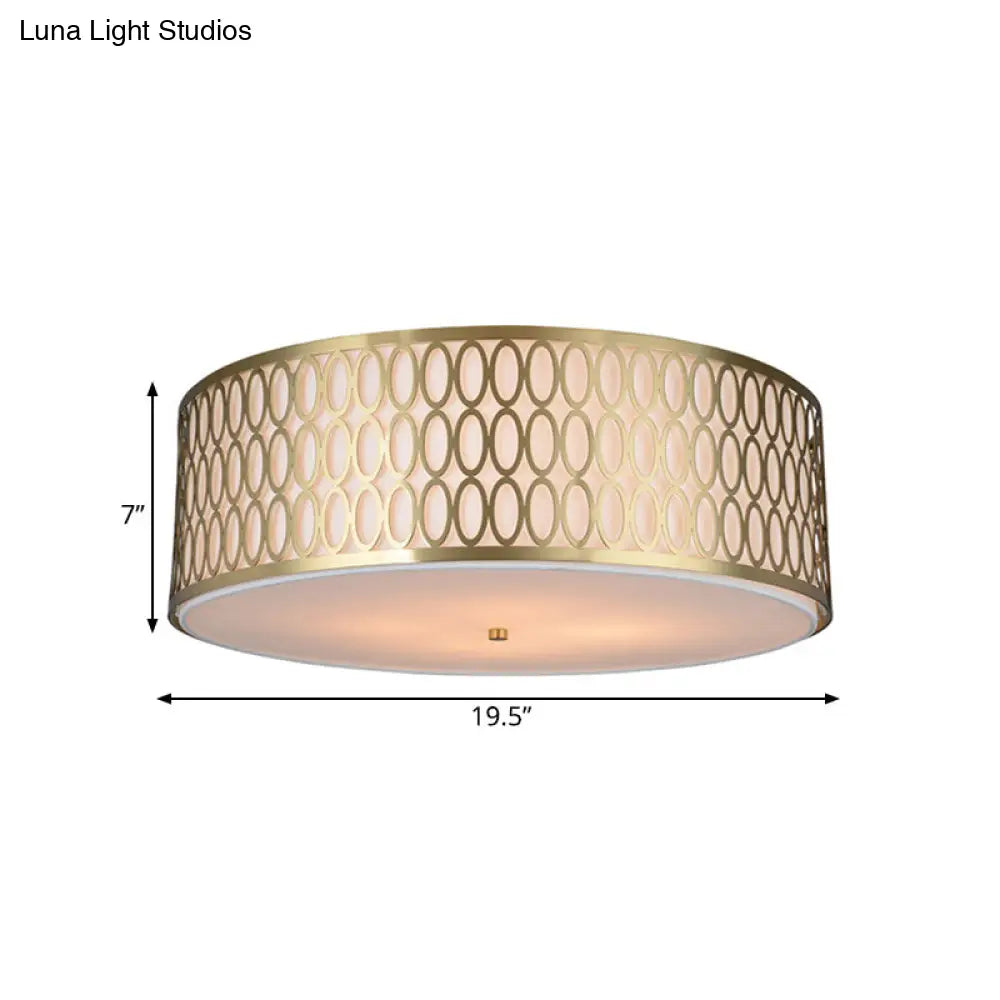 Traditional White Round Ceiling Mounted Lamp With Gold Metal Mesh Frame - 4-Light Fabric Flush Light