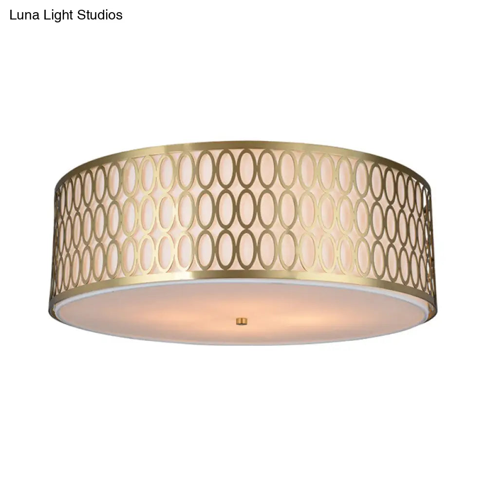 Traditional White Round Ceiling Mounted Lamp With Gold Metal Mesh Frame - 4-Light Fabric Flush