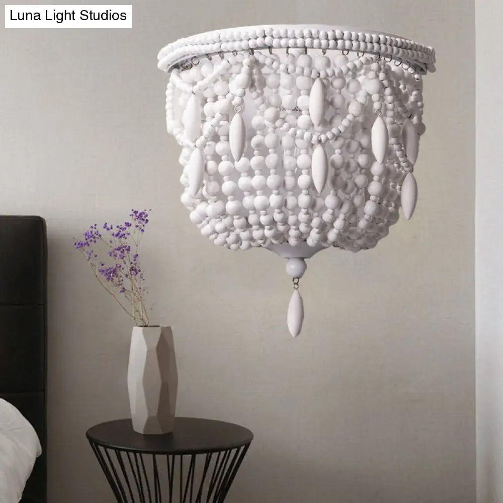 Traditional White Sconce Light Fixture - 1 Bedroom Wall Mount Lighting With Basket Wood Shade