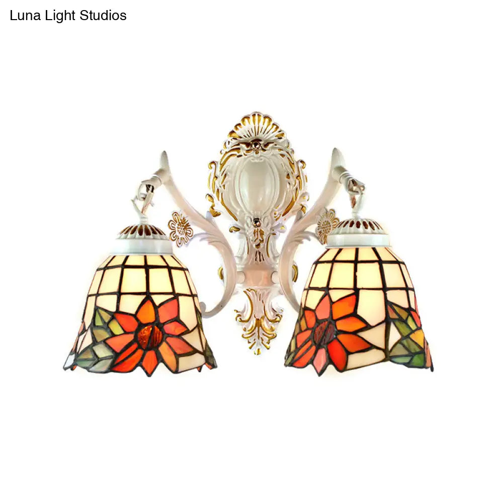 Traditional White Tiffany Wall Sconce - Bell Living Room Lamp With Sunflower Stained Glass 2 Bulbs