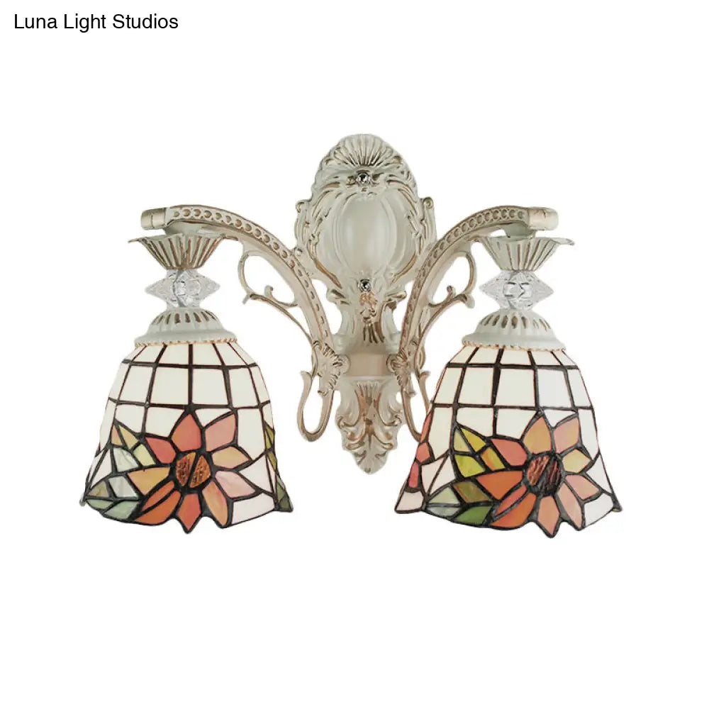 Traditional White Tiffany Wall Sconce - Bell Living Room Lamp With Sunflower Stained Glass 2 Bulbs