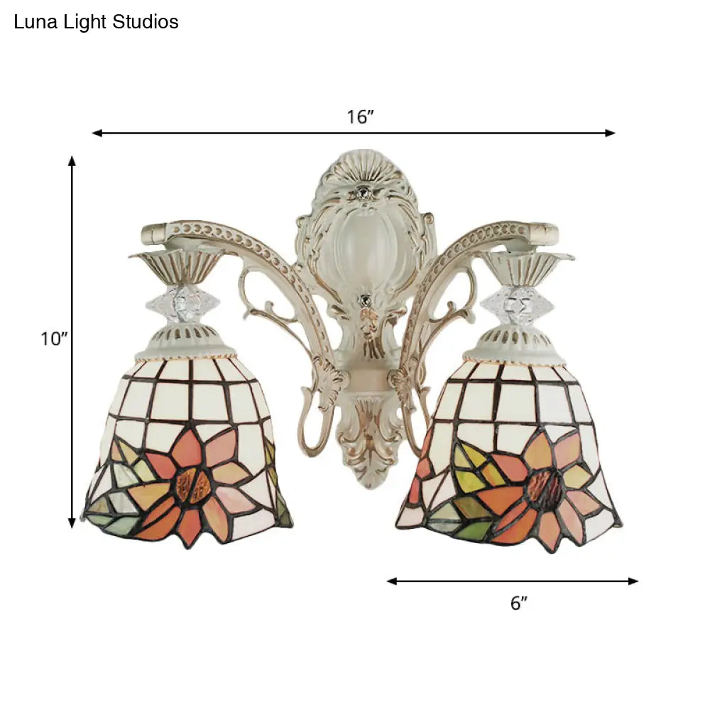 Traditional White Tiffany Wall Sconce - Bell Living Room Lamp With Sunflower Stained Glass 2 Bulbs