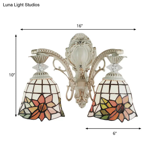 Traditional White Tiffany Wall Sconce - Bell Living Room Lamp With Sunflower Stained Glass 2 Bulbs