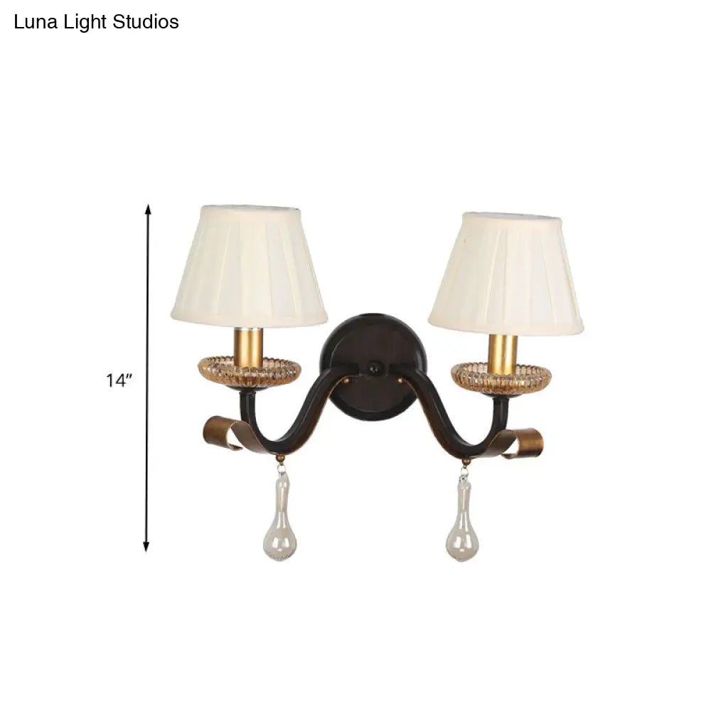 Traditional White Wall Sconce Light With Fabric Pleated Shade And Clear Glass Drop