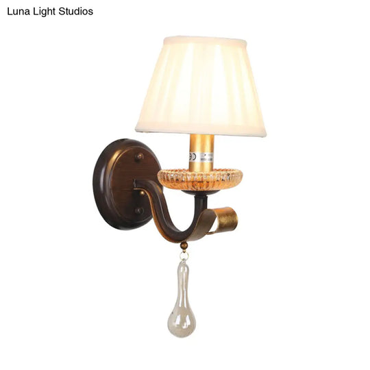 Traditional White Wall Sconce Light With Fabric Pleated Shade And Clear Glass Drop