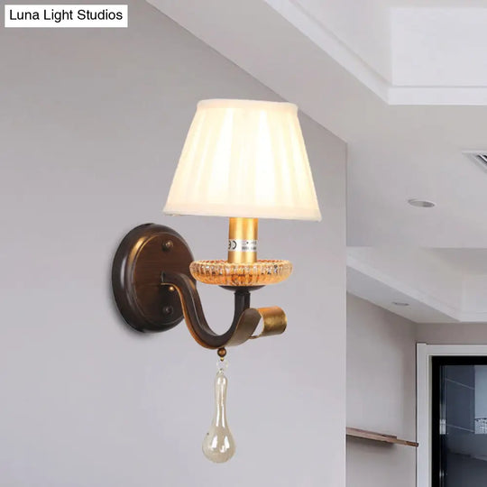 Traditional White Wall Sconce Light With Fabric Pleated Shade And Clear Glass Drop