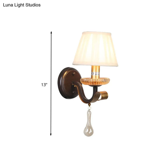 Traditional White Wall Sconce Light With Fabric Pleated Shade And Clear Glass Drop