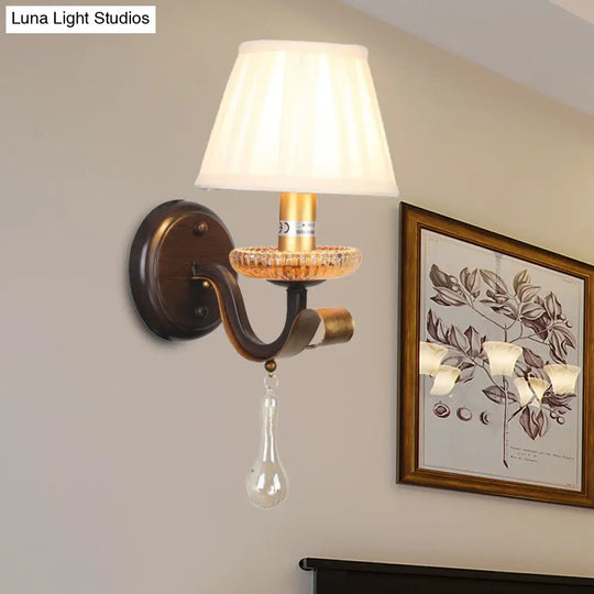 Traditional White Wall Sconce Light With Fabric Pleated Shade And Clear Glass Drop