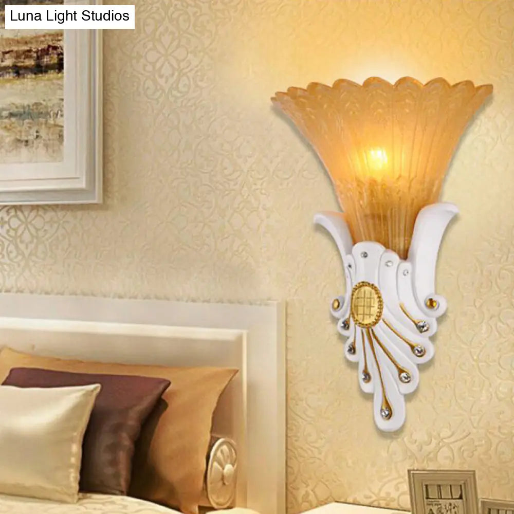 Traditional White/Yellow Glass Bedside Wall Light Sconce With Diamond Accent