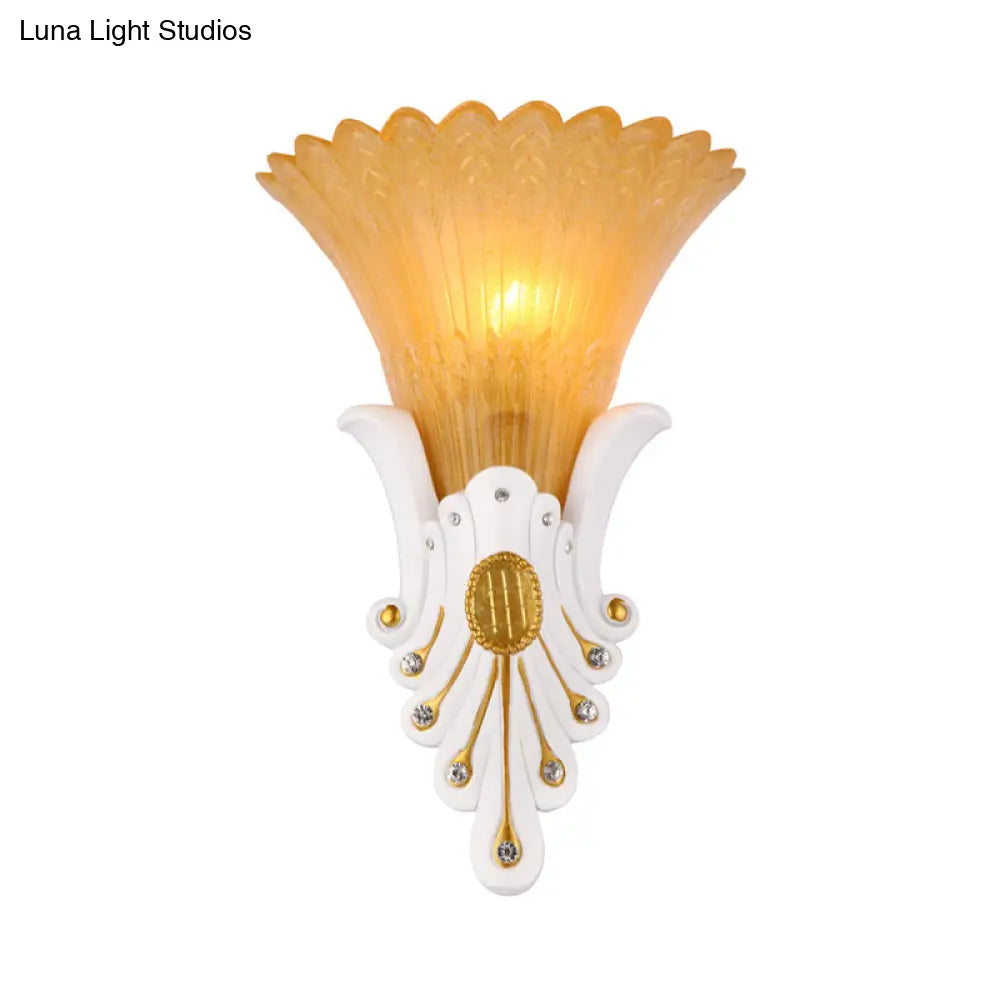 Traditional White/Yellow Glass Bedside Wall Light Sconce With Diamond Accent