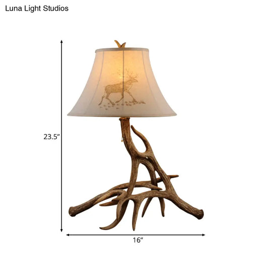 Traditional Wood Barrel Desk Lamp With Branch Design - White Fabric Shade Bedroom Reading Light