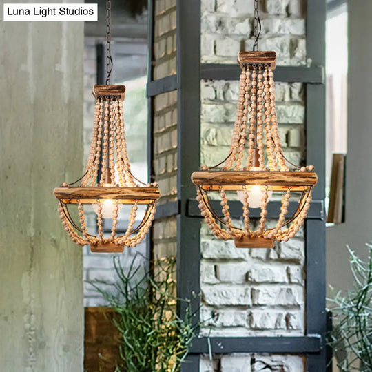 Traditional Wood Beaded Hanging Light Basket In Brown - Single Suspended Lighting Fixture