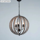 Traditional Wood Beaded Sphere Pendant Chandelier With Inner Candelabra Design