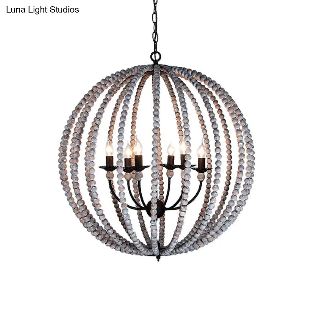 Traditional Wood Beaded Sphere Pendant Chandelier With Inner Candelabra Design