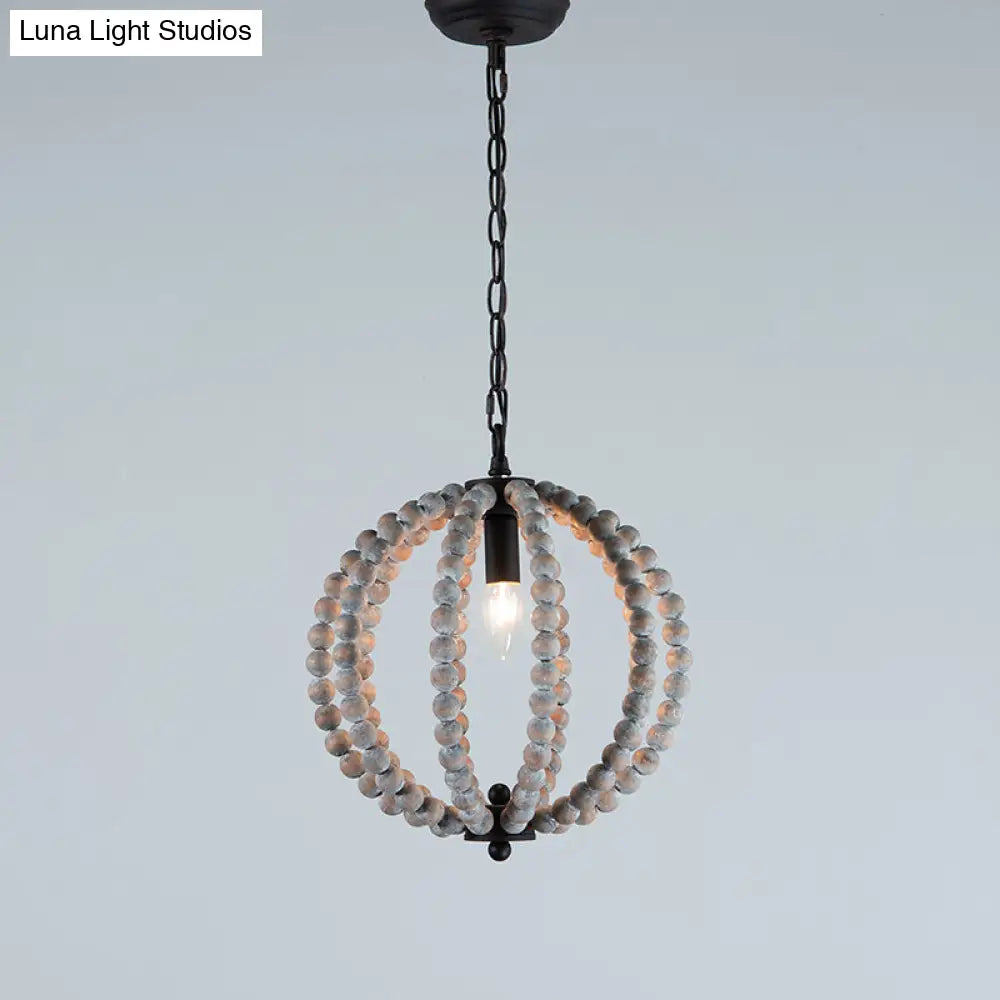 Traditional Wood Beaded Sphere Pendant Chandelier With Inner Candelabra Design