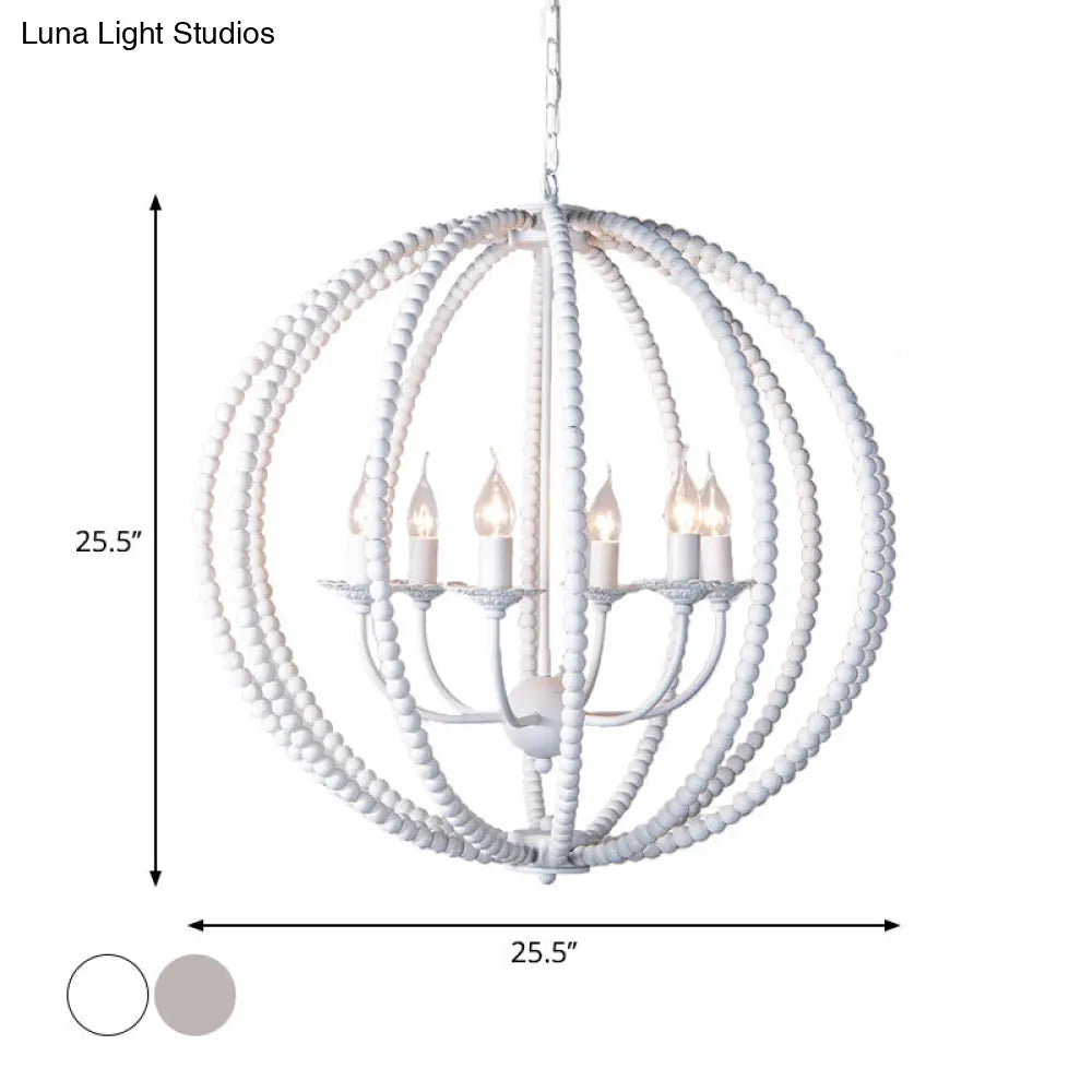 Traditional Wood Beaded Sphere Pendant Chandelier With Inner Candelabra Design
