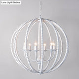 Traditional Wood Beaded Sphere Pendant Chandelier With Inner Candelabra Design