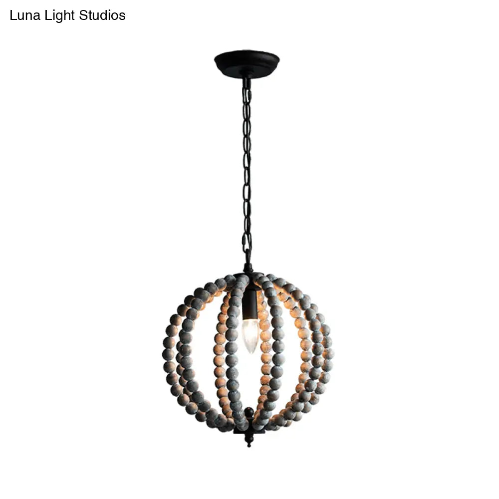 Traditional Wood Beaded Sphere Pendant Chandelier With Inner Candelabra Design