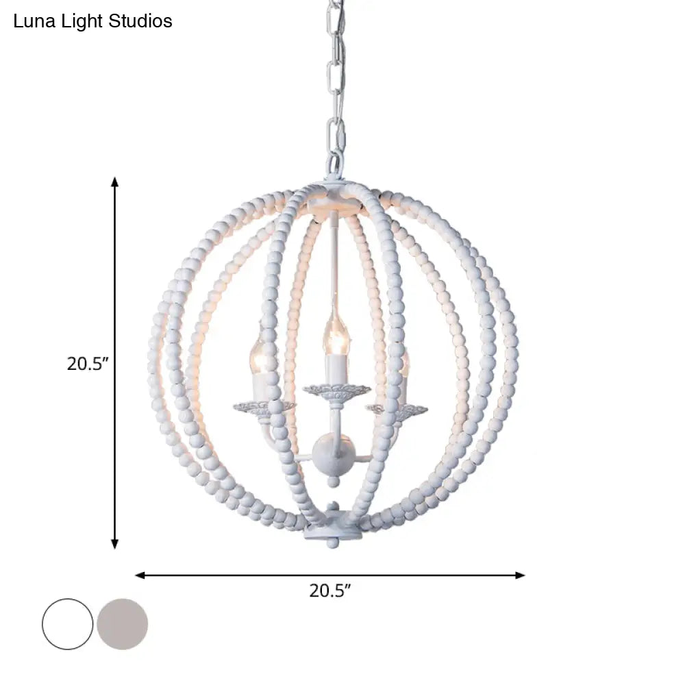 Traditional Wood Beaded Sphere Pendant Chandelier With Inner Candelabra Design