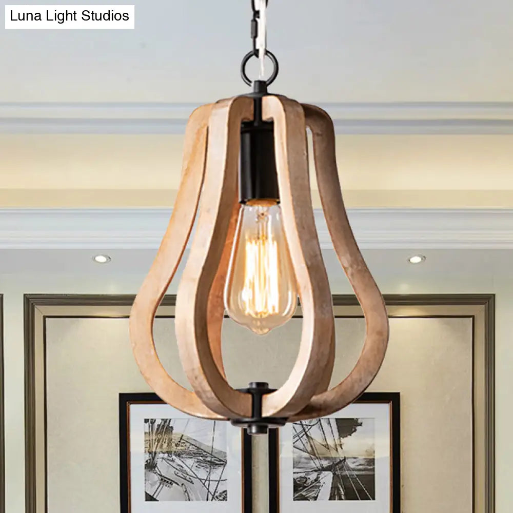 Traditional Wood Brown Hanging Ceiling Light 1 Orb/Gourd Design 8.5/9/13 Wide