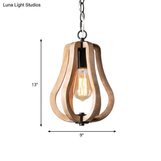 Traditional Wood Brown Hanging Ceiling Light 1 Orb/Gourd Design 8.5/9/13 Wide