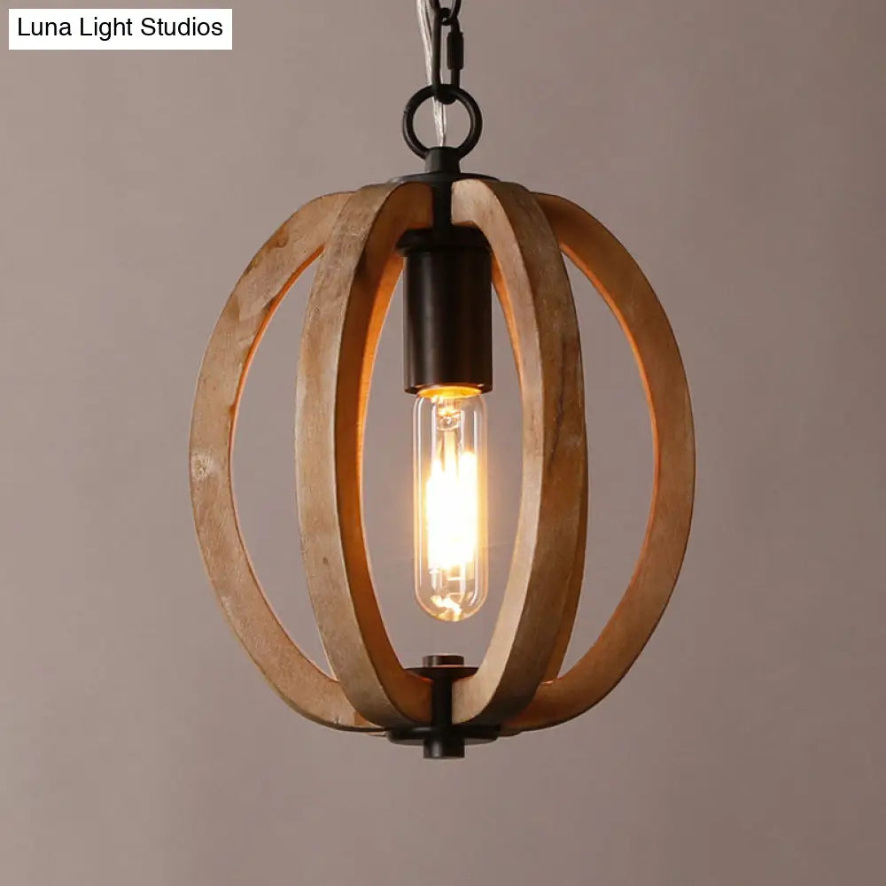 Traditional Wood Brown Hanging Ceiling Light 1 Orb/Gourd Design 8.5/9/13 Wide