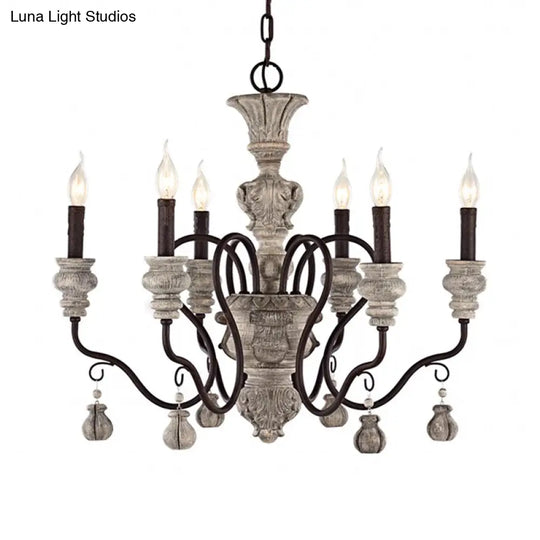 Traditional Wood Candelabra Chandelier With 6 Hanging Gray Lights - Perfect For Living Room