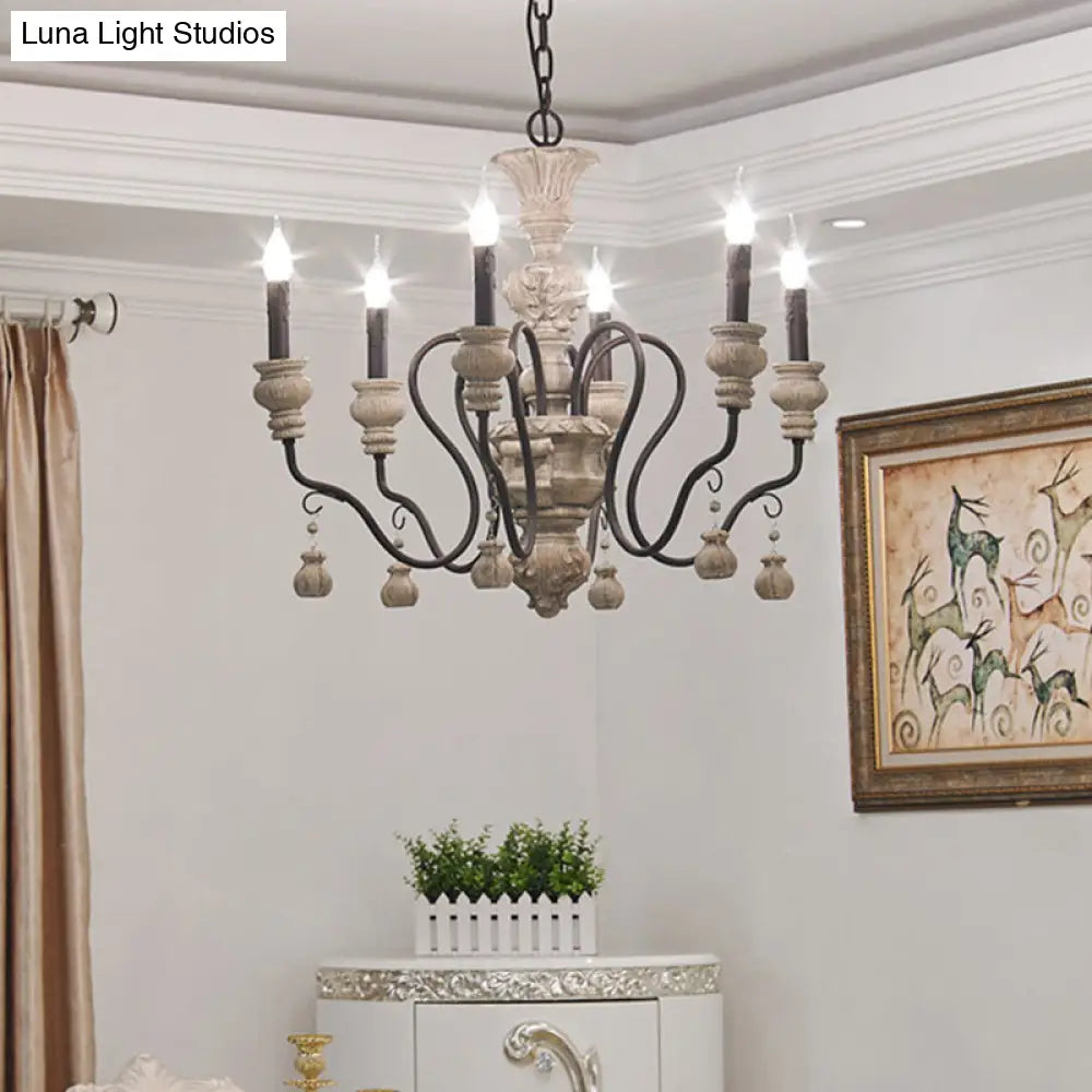 Traditional Wood Candelabra Chandelier With 6 Hanging Gray Lights - Perfect For Living Room