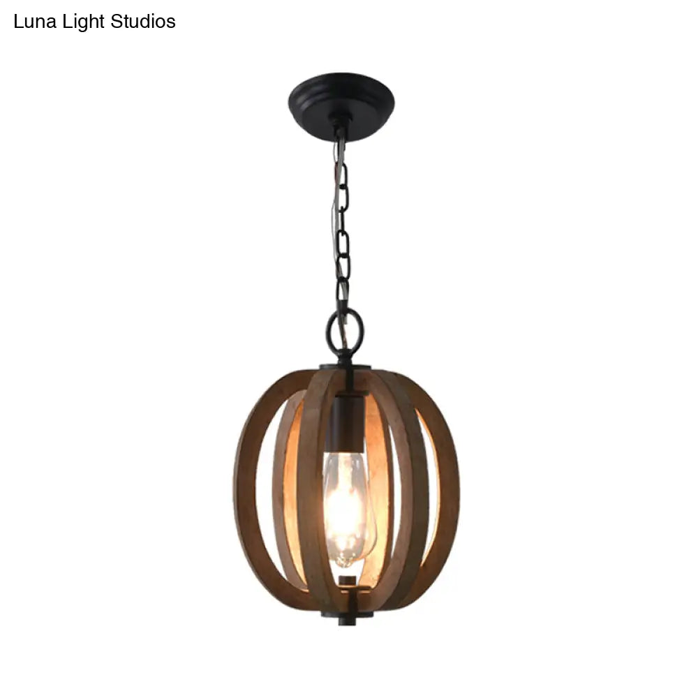 Traditional Wood Geometric Cage Pendant Light For Living Room