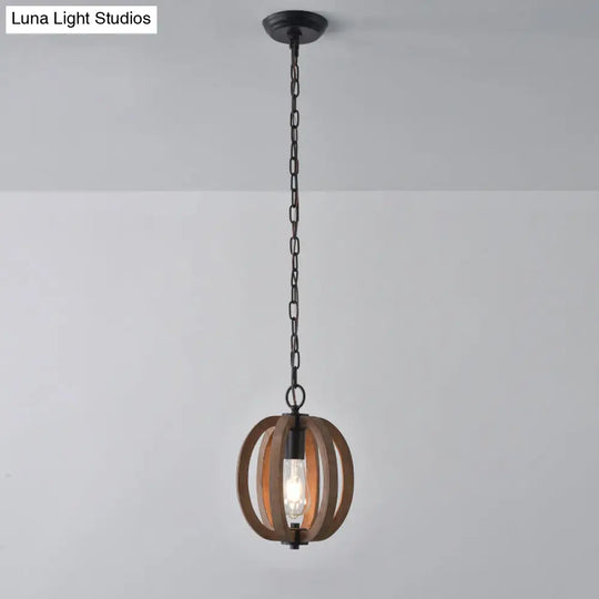 Traditional Wood Geometric Cage Pendant Light For Living Room