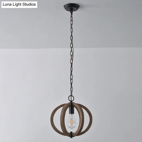 Traditional Wood Geometric Cage Pendant Light For Living Room