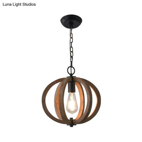 Traditional Wood Geometric Cage Pendant Light For Living Room