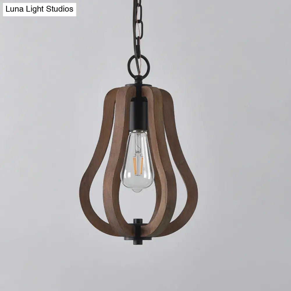 Traditional Wood Geometric Cage Pendant Light For Living Room