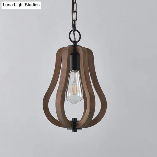 Traditional Wood Geometric Cage Pendant Light For Living Room