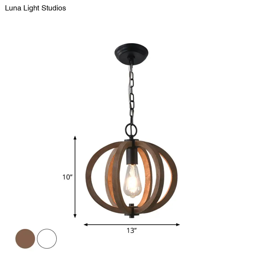 Traditional Wood Geometric Cage Pendant Light For Living Room