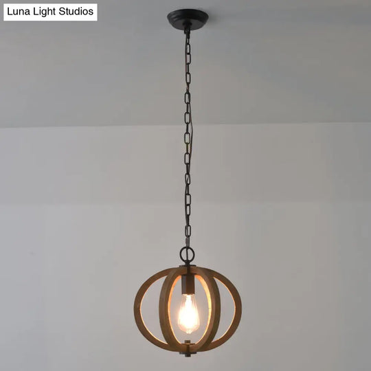 Traditional Wood Geometric Cage Pendant Light For Living Room