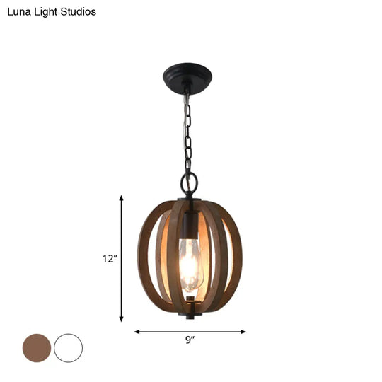 Traditional Wood Geometric Cage Pendant Light For Living Room