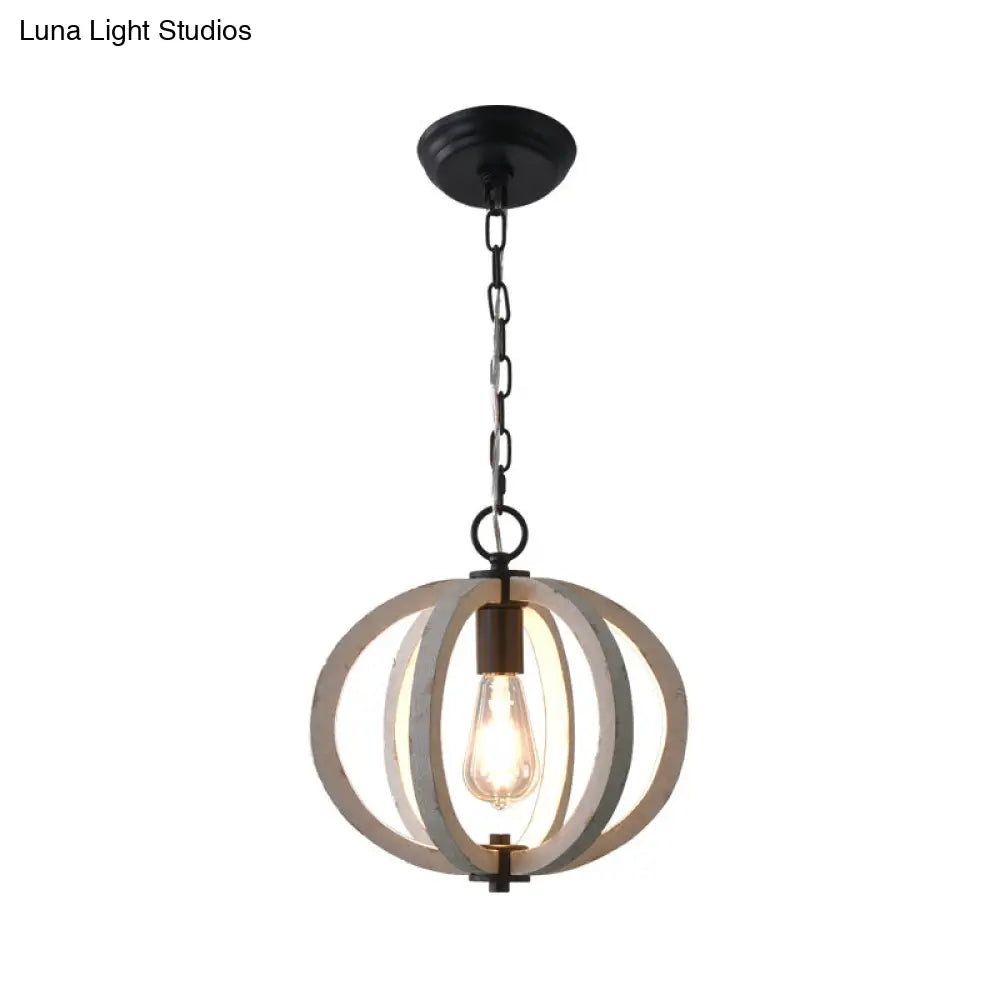 Traditional Wood Geometric Cage Pendant Light For Living Room